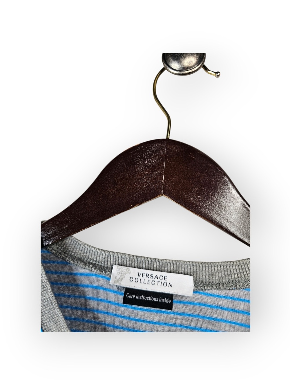 Versace Collection Men's Gray & Blue Striped T-Shirt Shoulder Button Detail - Picture 4 of 6